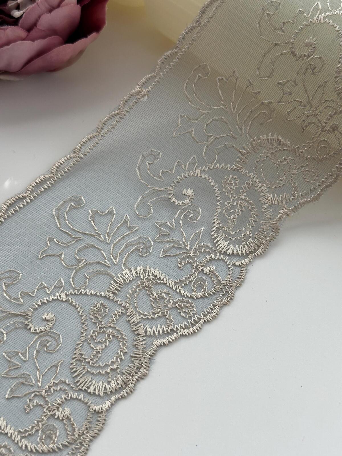 1Yd Non-Stretch 3.7" Dusty Blue Beige Embroidered Floral Mesh Lace Wholesale