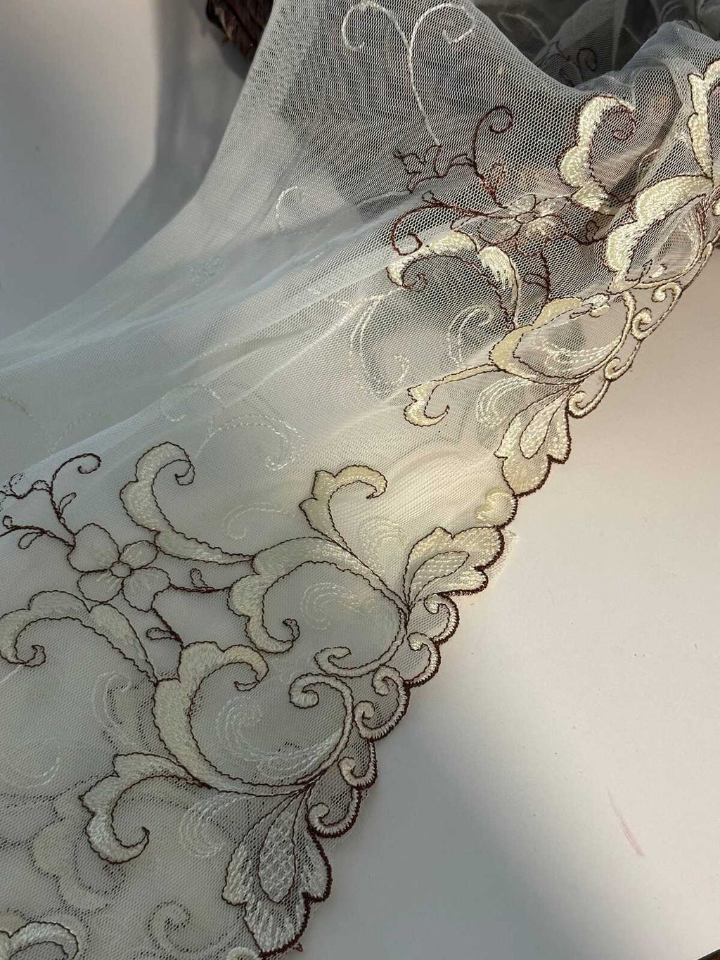 1Yd  9" Cream Beige Floral Embroidered Tulle Mesh Lace Trim, Wholesale