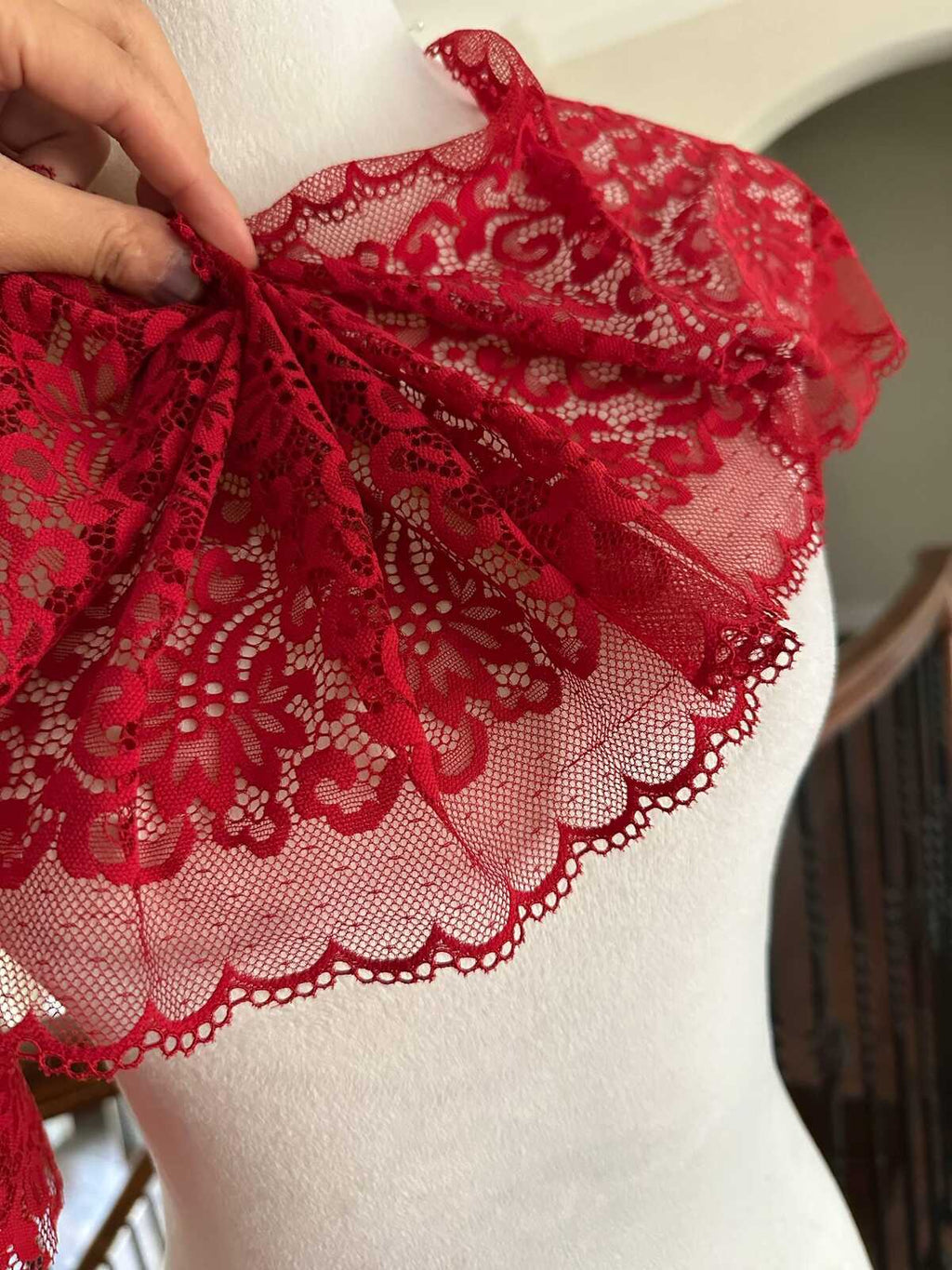1Yd Soft Stretch 7.5" Red Floral Swiss Dot Mesh Wide Stretch Lace Trim