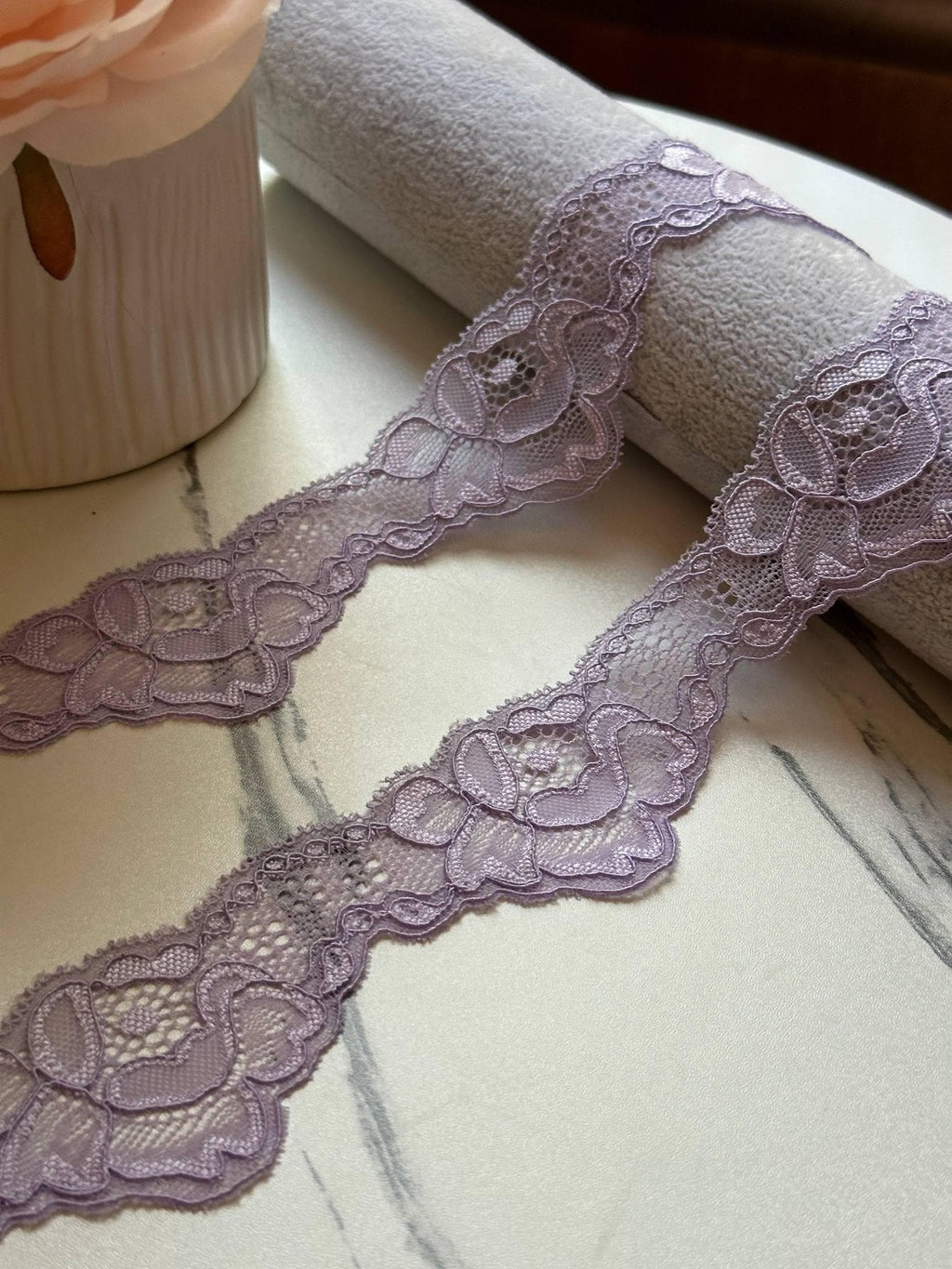 10yds Soft Dusty Lilac Floral Wavy Stretch Lace Trim by the Yard, Scalloped Elastic Ribbon for Coquette Crafts, 1.75", Retail Wholesale Bulk