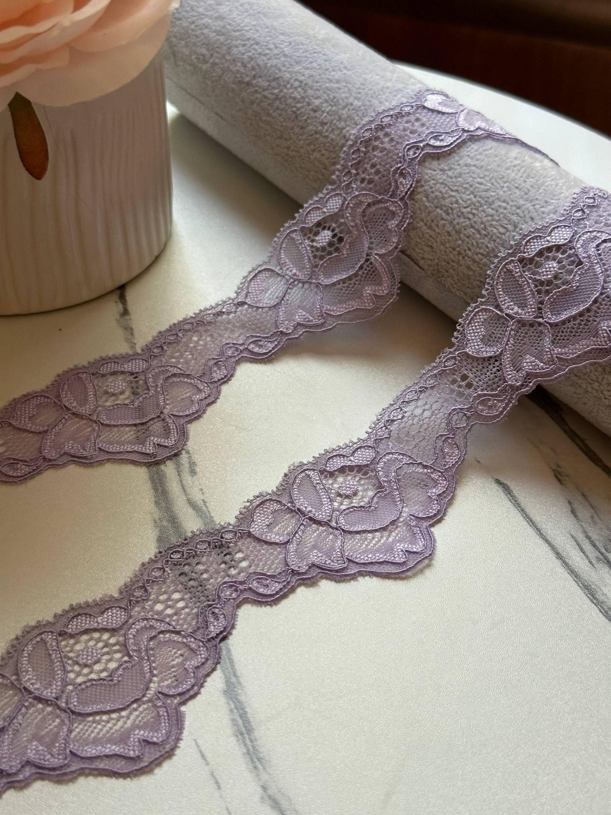 10yds Soft Dusty Lilac Floral Wavy Stretch Lace Trim by the Yard, Scalloped Elastic Ribbon for Coquette Crafts, 1.75", Retail Wholesale Bulk