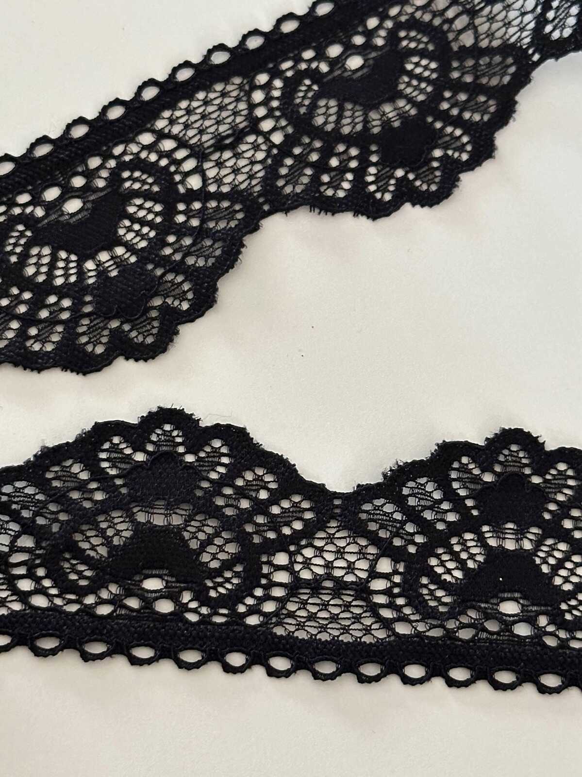10yds Black Scalloped Stretch Lace Trim, 1.5" Elastic Ribbon, Bulk Clearance Coquette Y2K Lace, Lingerie Lace, DIY Sewing, Retail Wholesale