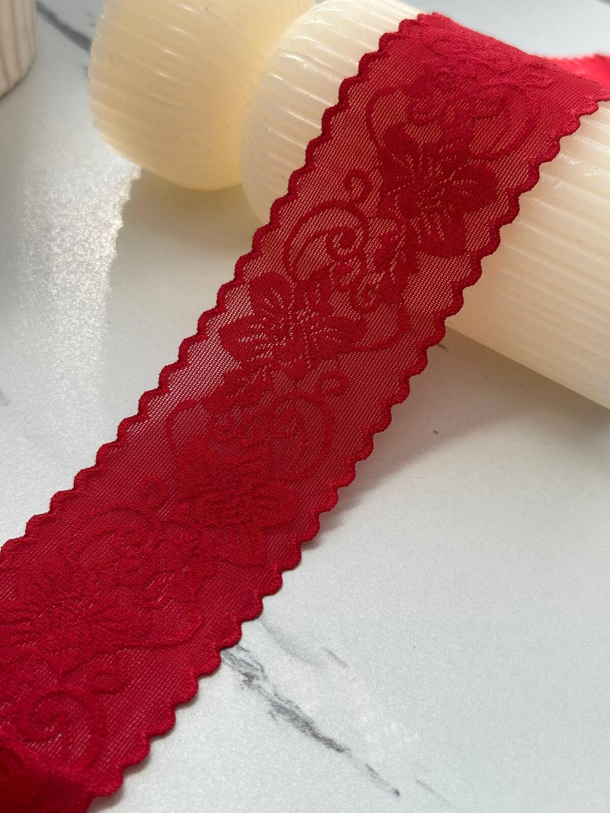 5Yds Stretch 1.9" Red Seamless Floral Lingerie Stretch Lace Trim Wholesale