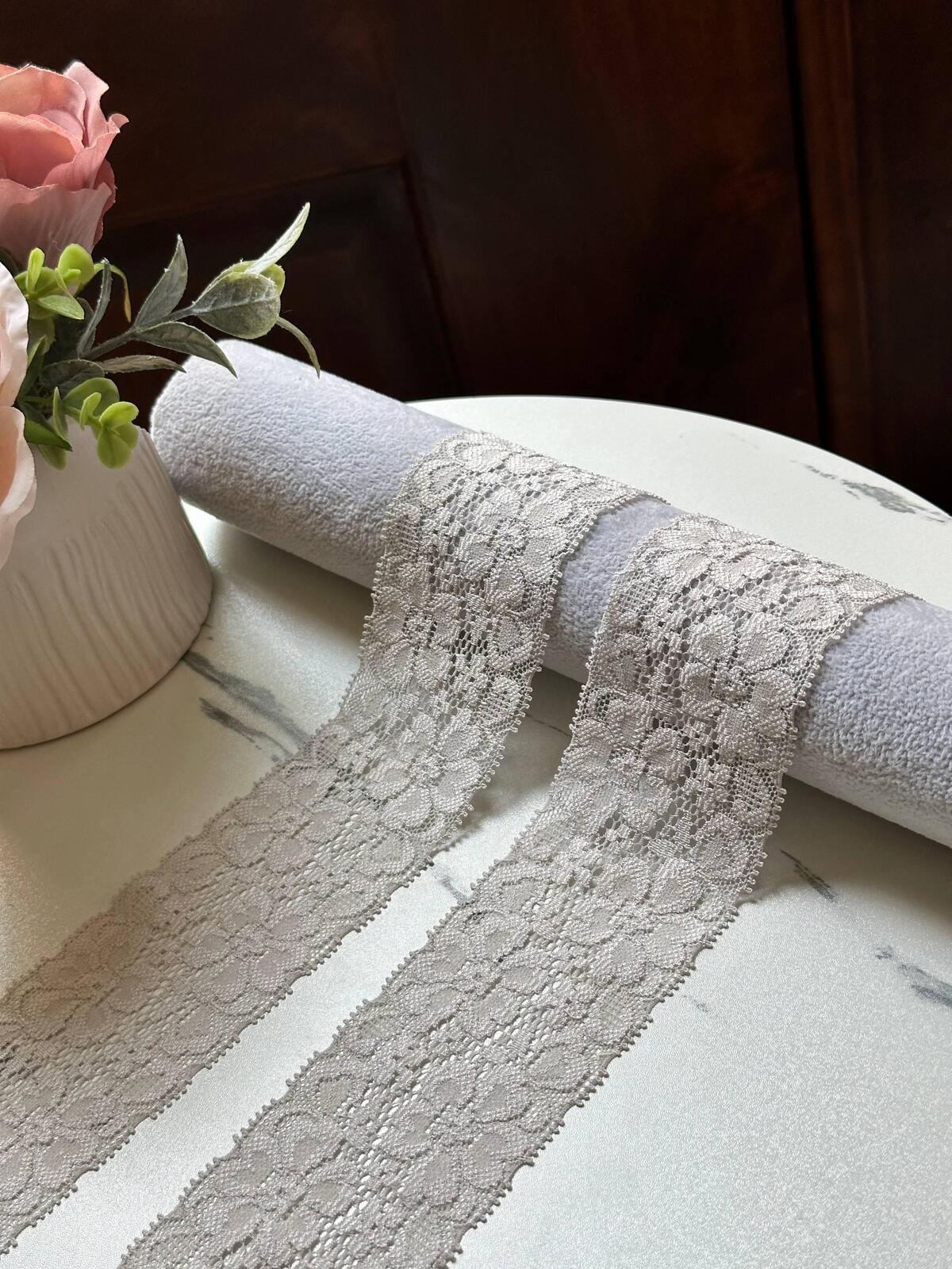Taupe Grey Floral Stretch Lace Trim by Yard, Elastic Ribbon, Soft Skin Friendly Coquette Craft Supply, 2.15", Retail Wholesale Bulk