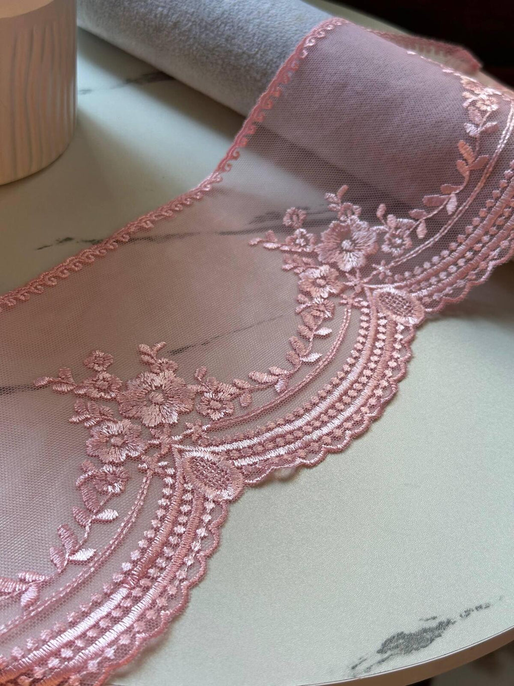 Dusty Rose Pink Ultra Soft Embroidered Mesh Lace Trim by Yard, Floral Scalloped Tulle Ribbon, 4.5", Retail Wholesale Bulk