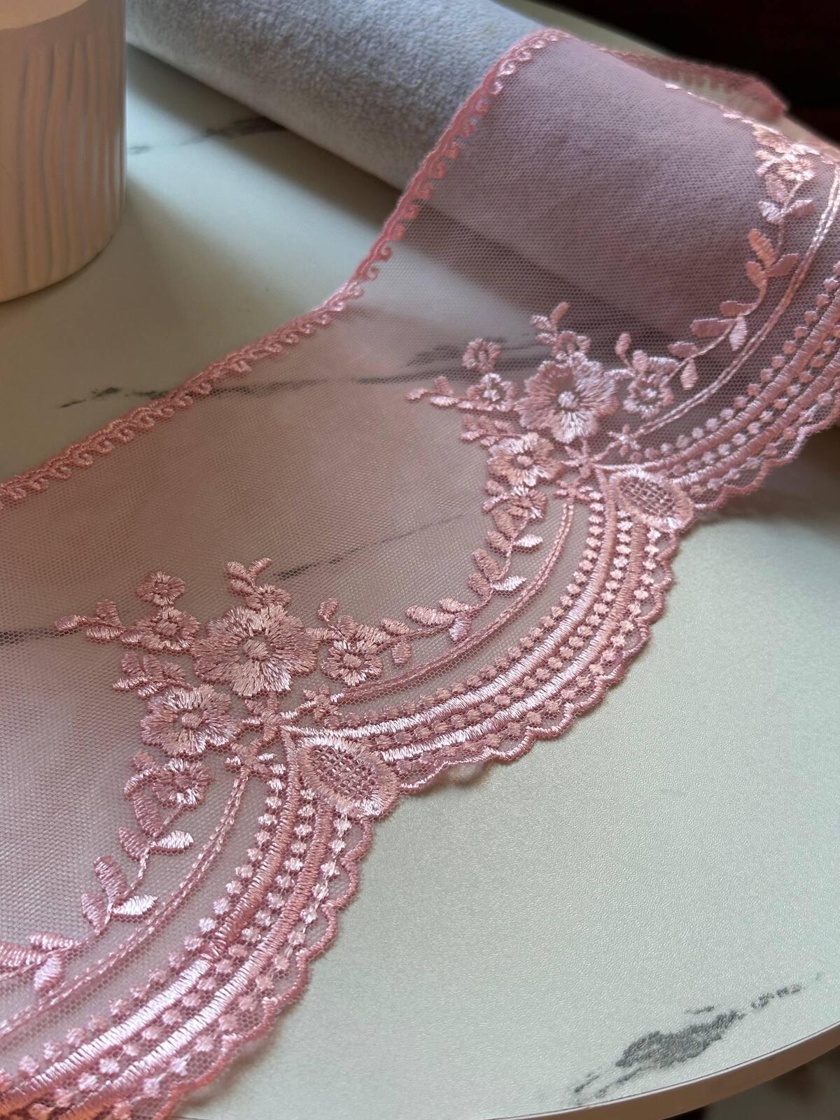 Dusty Rose Pink Ultra Soft Embroidered Mesh Lace Trim by Yard, Floral Scalloped Tulle Ribbon, 4.5", Retail Wholesale Bulk