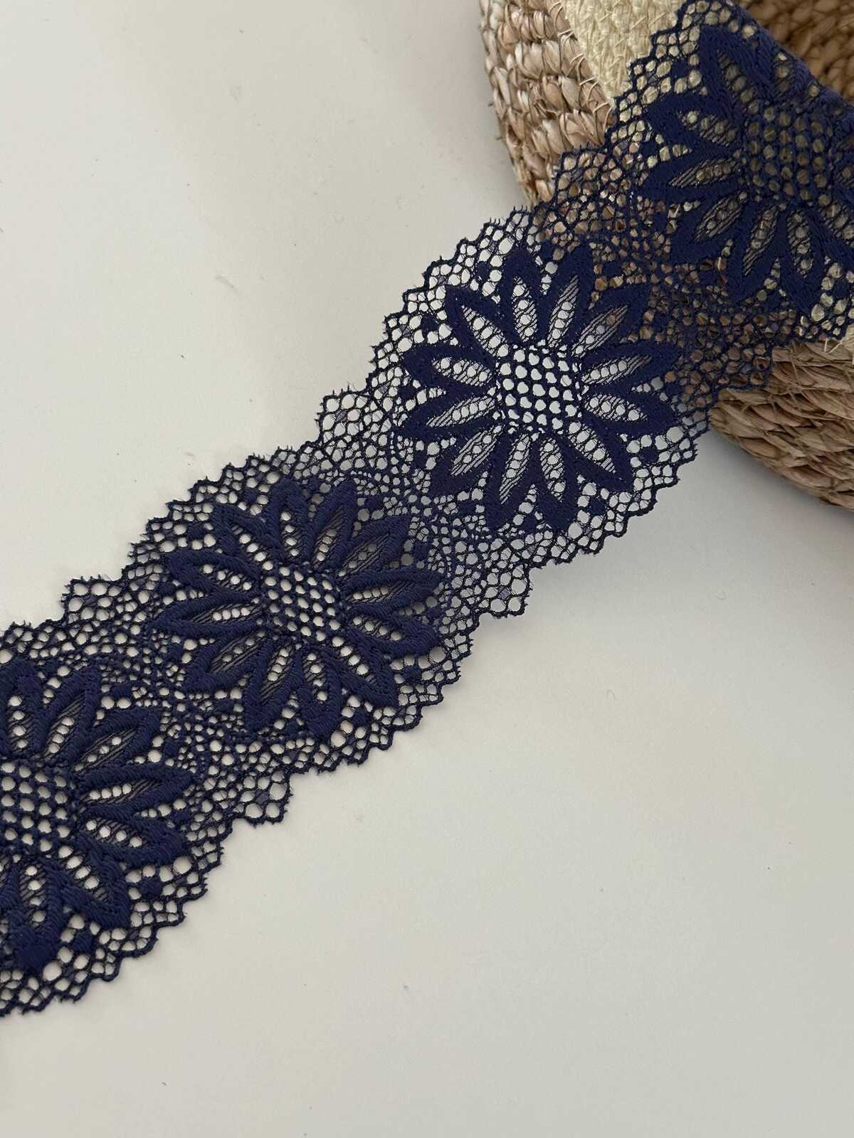 10yds Navy Blue Floral Stretch Lace Trim, 2.8" Elastic Ribbon, Bulk Clearance Coquette Y2K Lace, Lingerie Lace, DIY Sewing, Retail Wholesale