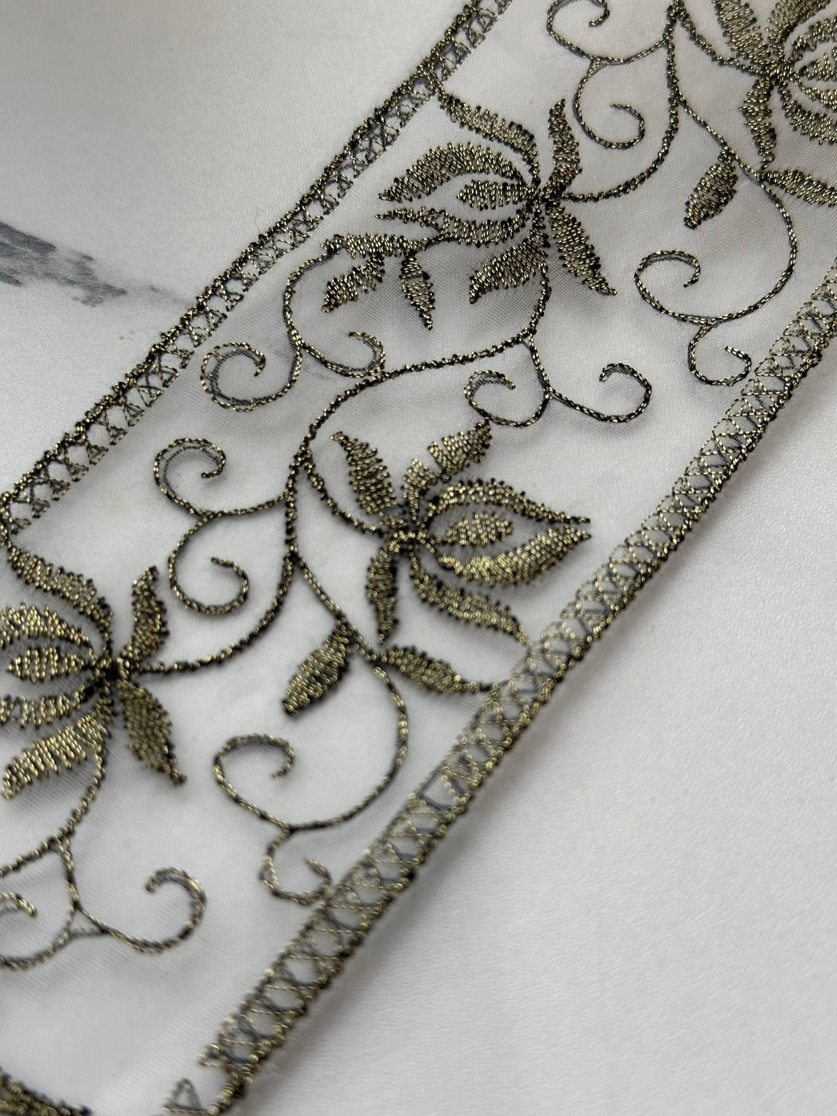 5Yds Non-Stretch 2.15" Antique Gold Floral Organza Embroidered Lace Trim