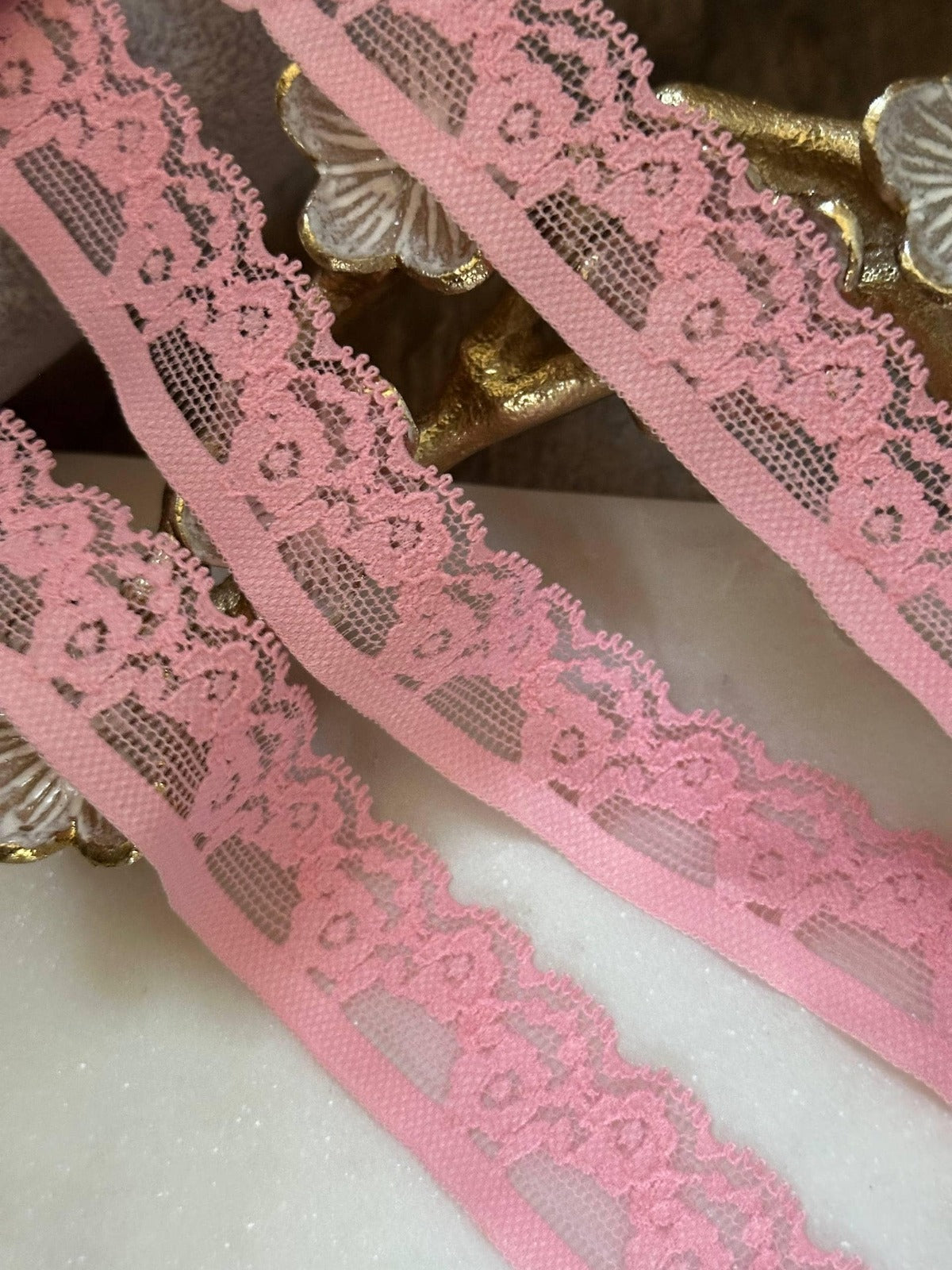 10yds Soft Pink Stretch Lace Trim by Yard, Floral Scalloped Elastic Ribbon, Coquette Craft Supply, 1", Retail Wholesale Bulk