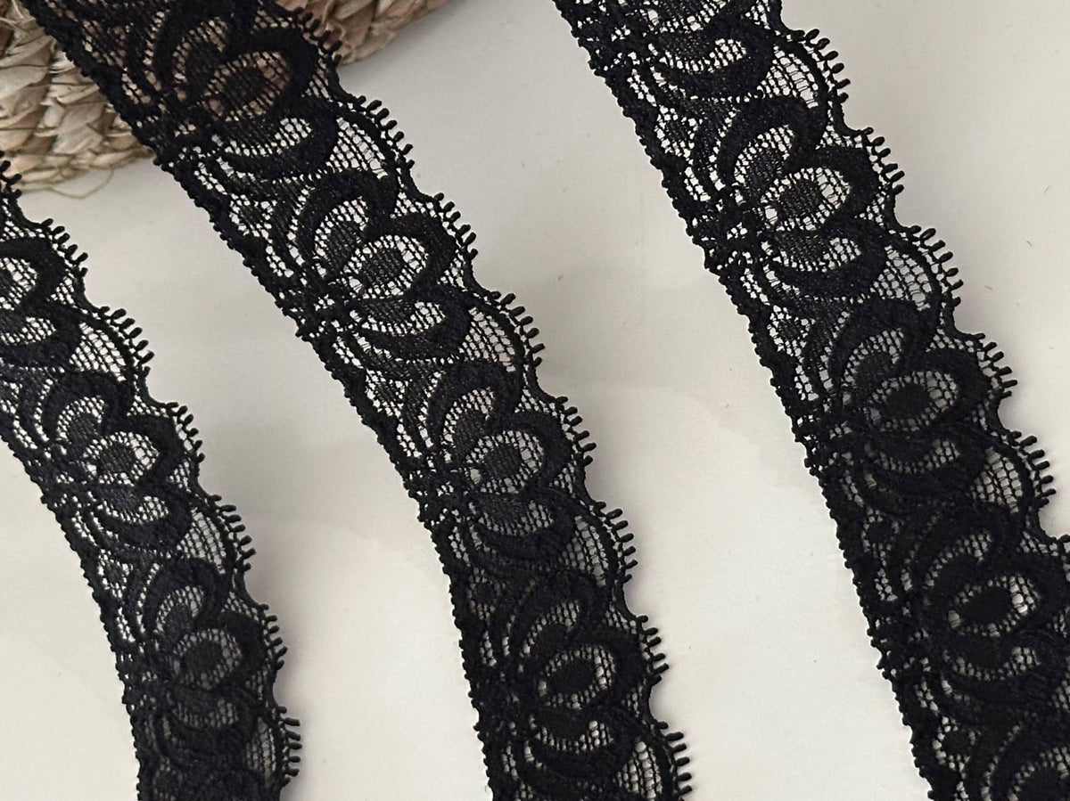 10Yds Stretch 1" Wide Black Lotus Floral Lace Trim, Bulk Clearance Coquette Y2K, Lingerie Lace, Garment Trim, DIY Sewing, Retail Wholesale