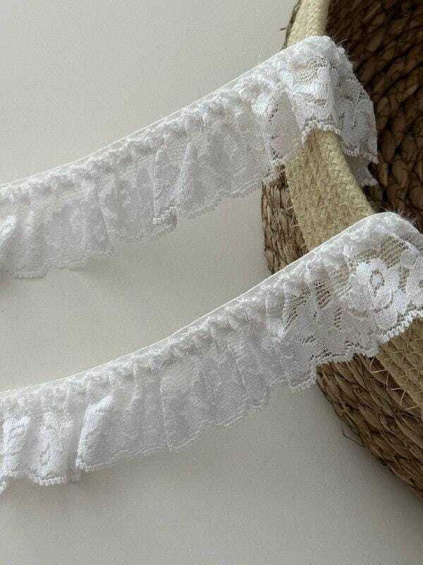 10yds White Ruffled Stretch Lace Trim, 1.3" Elastic Ribbon, Bulk Clearance Coquette Y2K Lace, Lingerie, DIY Sewing, Retail Wholesale
