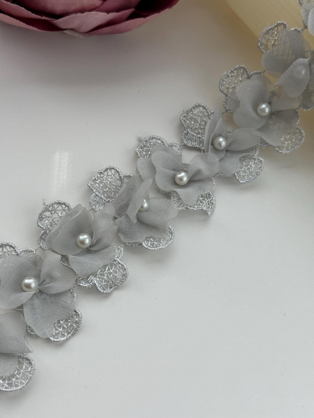 2Yds Non-Stretch 1.8" Grey 3D Chiffon Flower Beaded Pearl Lace Trim Wholesale