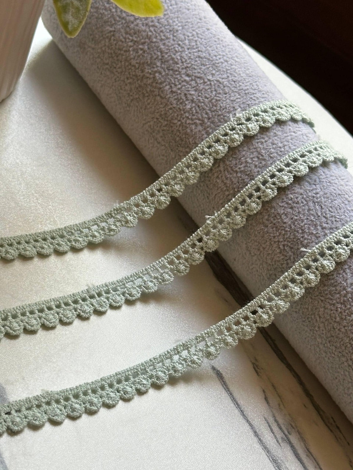 10yds Soft Sage Green Cotton Crochet Flower Lace Trim by the Yard, Narrow Floral Scalloped Ribbon for Crafts, 0.35", Retail Wholesale Bulk
