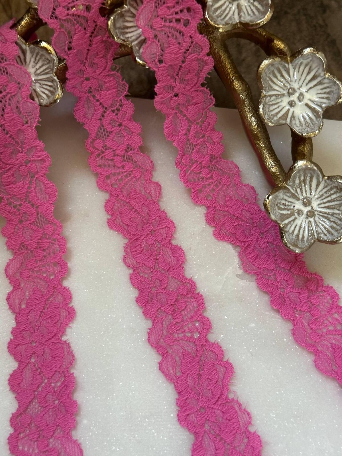 10yds Soft Rose Pink Embossed Floral Stretch Lace Trim by the Yard, Narrow Textured Elastic Ribbon for Crafts, 0.75", Retail Wholesale Bulk