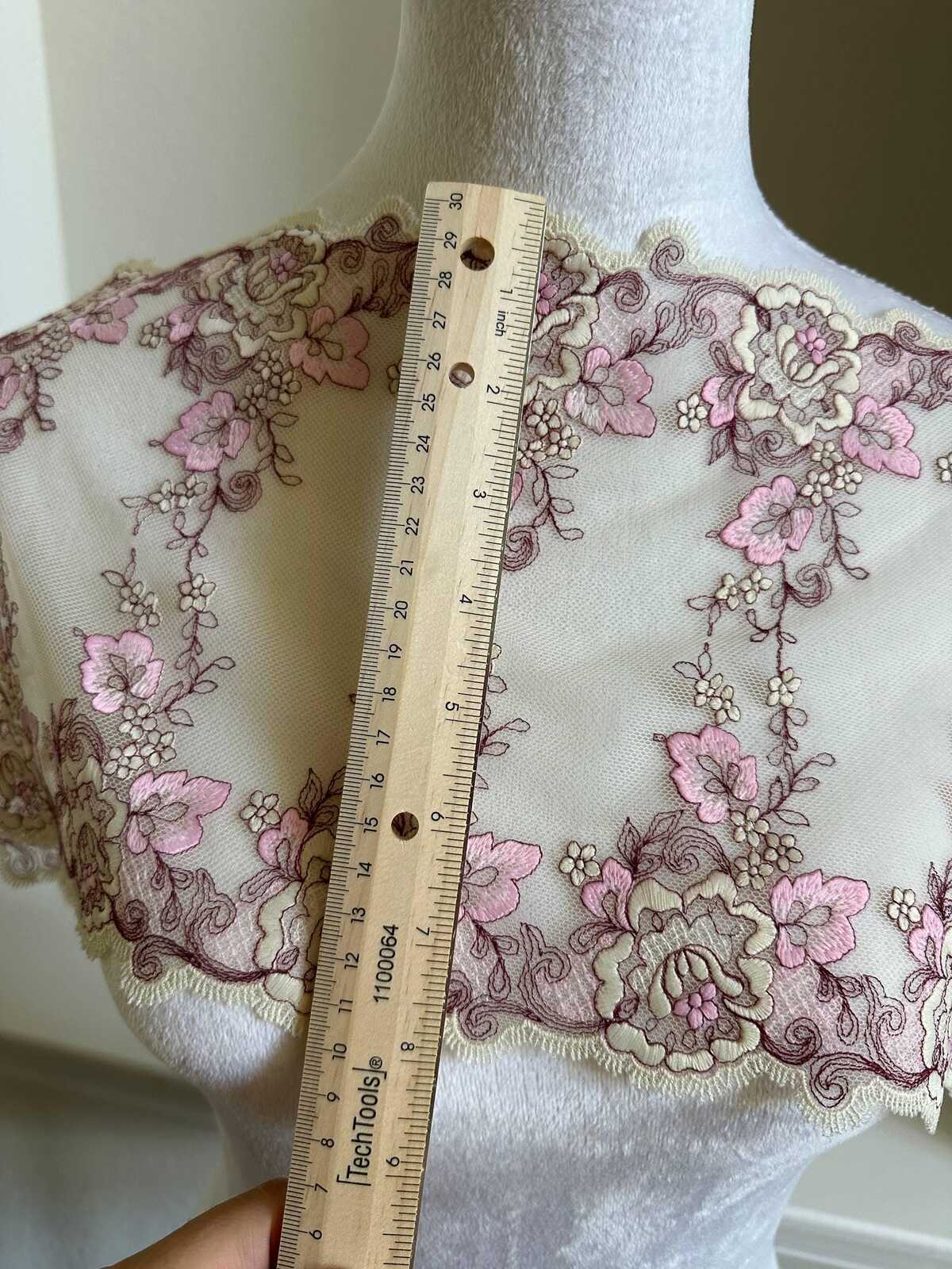 7.5 Inch Wide Soft Mesh Lace Trim, Pink Floral Eyelash Tulle Ribbon for Sewing, Luxurious Bridal Craft
