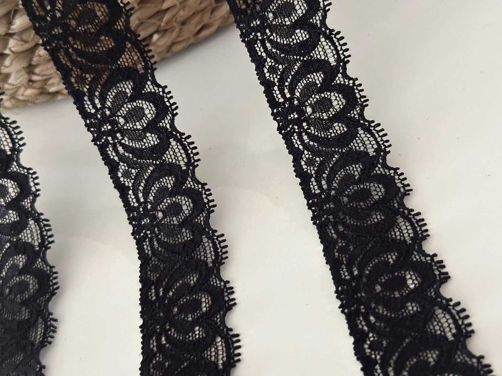 10Yds Stretch 1" Wide Black Lotus Floral Lace Trim, Bulk Clearance Coquette Y2K, Lingerie Lace, Garment Trim, DIY Sewing, Retail Wholesale