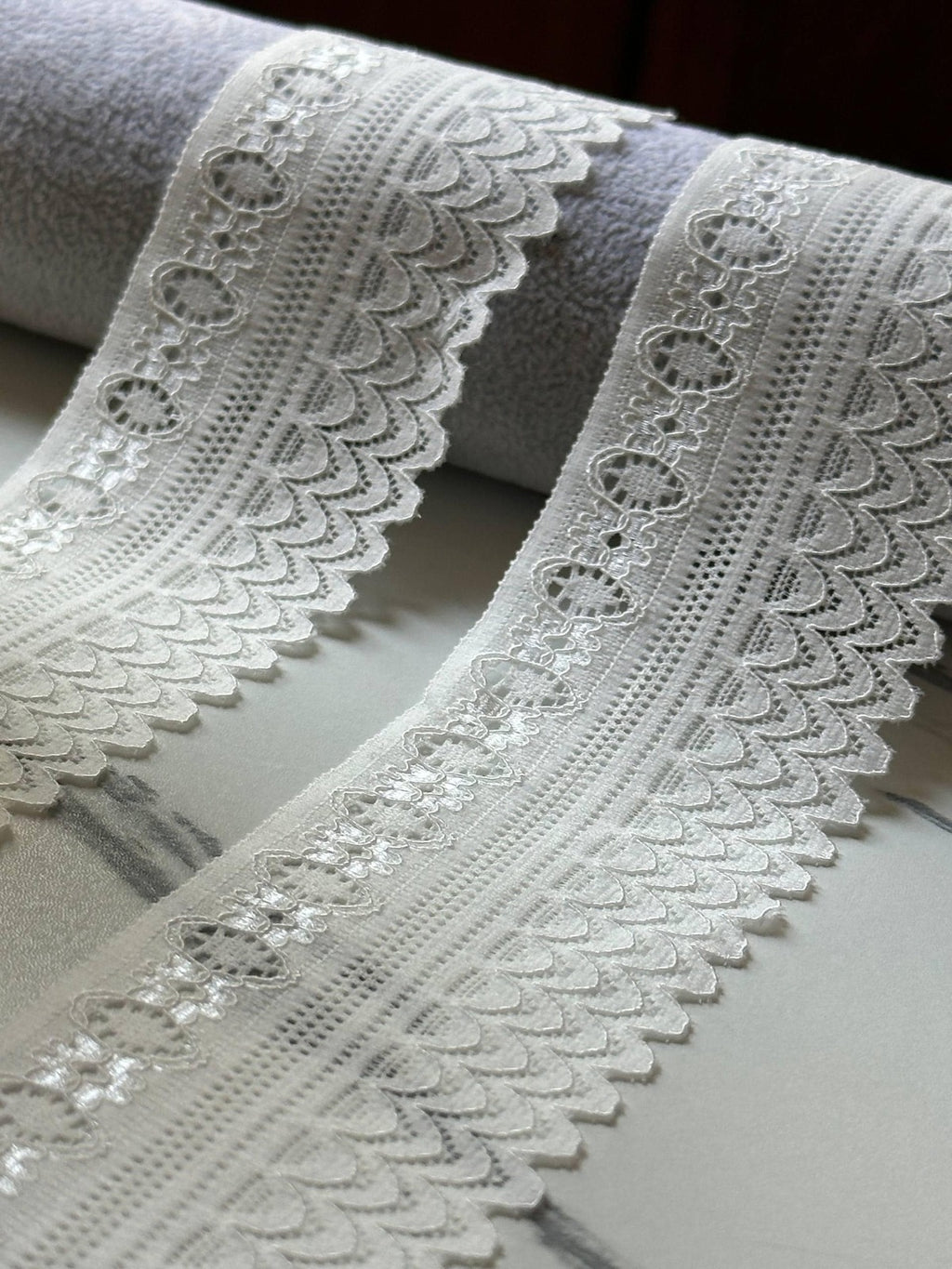 10yds Soft White Scalloped Geometric Stretch Lace Trim by the Yard, Soft Elastic Ribbon for Coquette Crafts, 2", Retail Wholesale Bulk