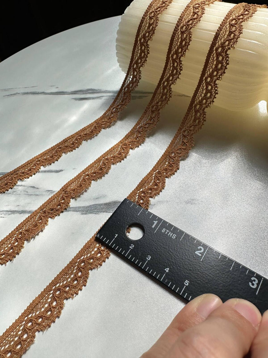 10yds Caramel Camel Brown Cordonnet Corded Stretch Elastic Lace Trim Single Scalloped Narrow Ribbon for Lingerie  Crafts Sewing, 0.6"