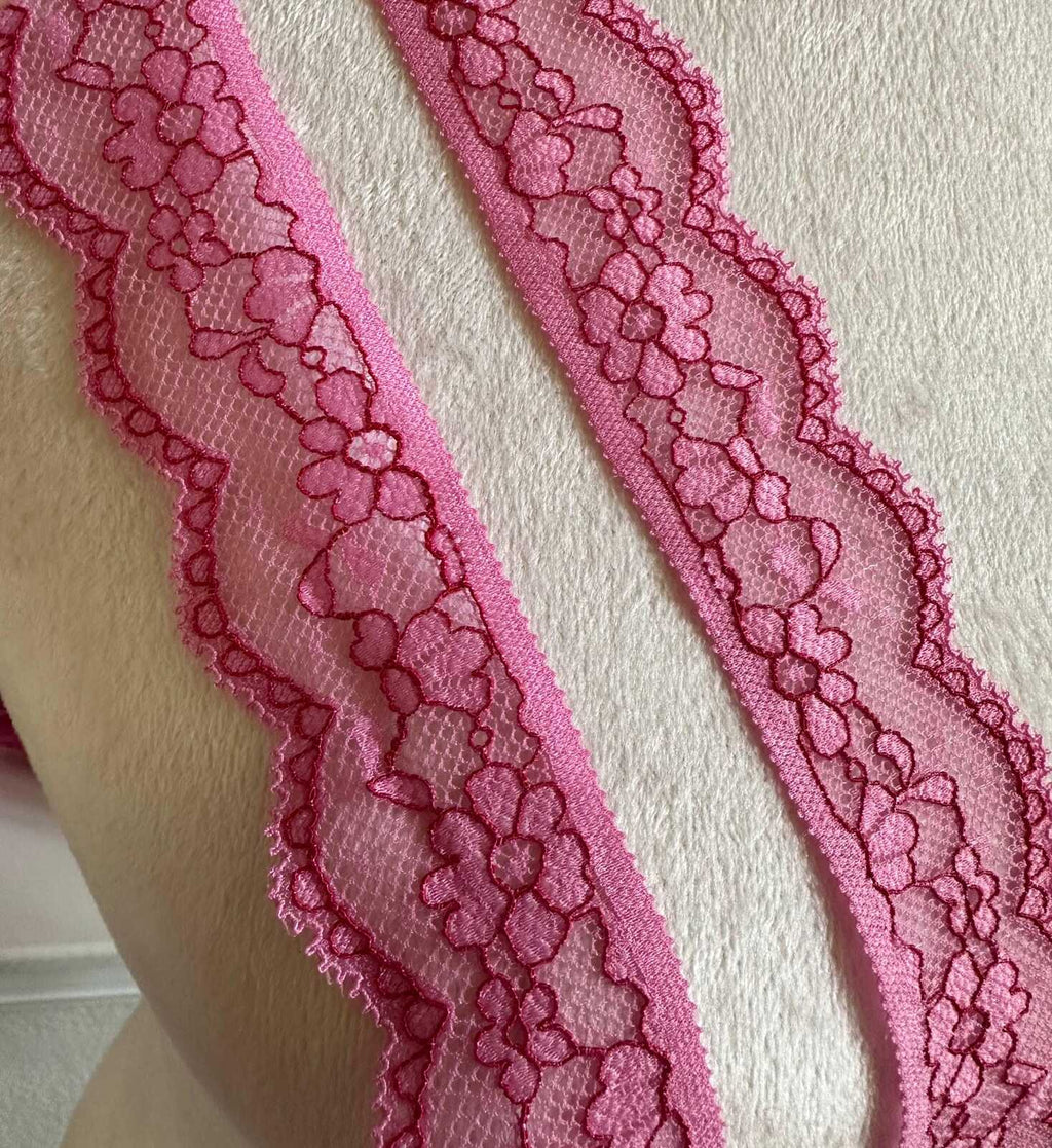 10yds 1.25" Pink Stretch Lace Trim Insertion Beading Floral Ribbon Elastic Lace Fuchsia Outline for Lingerie Underwear Garment Sewing