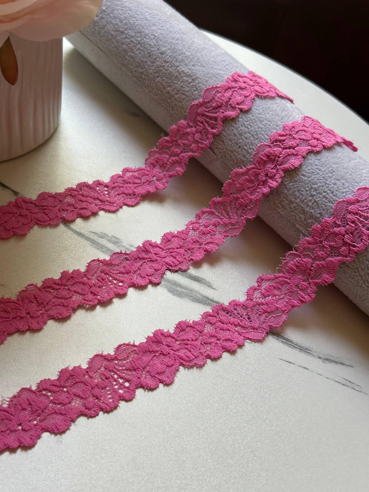 10yds Soft Rose Pink Embossed Floral Stretch Lace Trim by the Yard, Narrow Textured Elastic Ribbon for Crafts, 0.75", Retail Wholesale Bulk