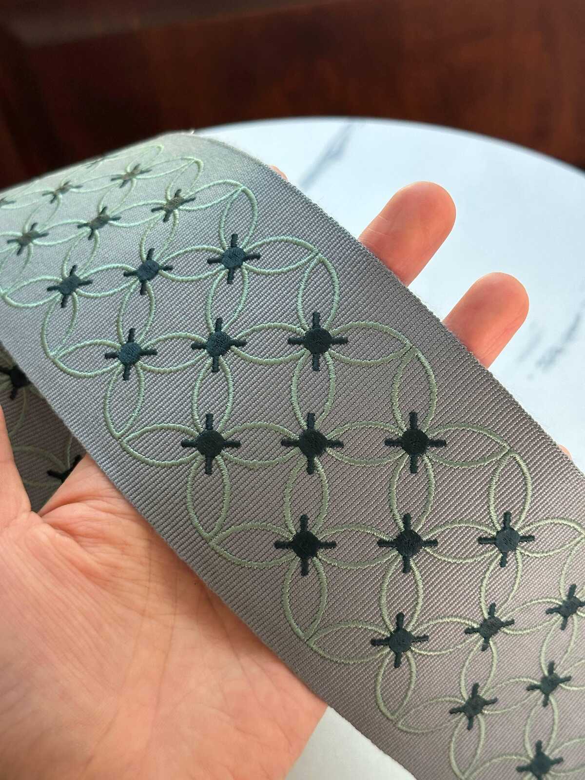 Sage Green Grey Geometric Flower Embroidered Grosgrain Canvas Webbing Ribbon Trim by the Yard, Wide Jacquard Border, 3.1"