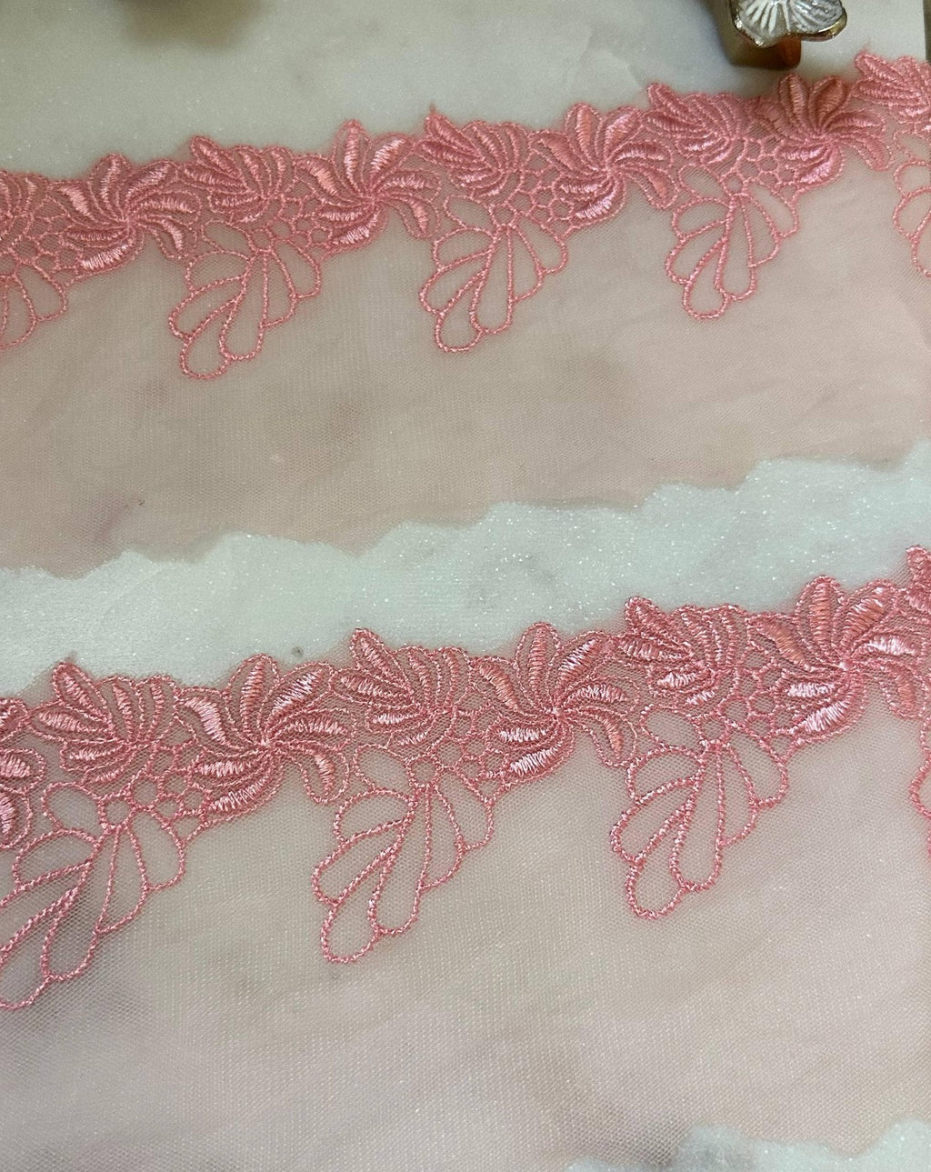 Soft Peach Pink Floral Embroidered Mesh Lace Trim, 2" Floral 3.5" Total Wide Sheer Scalloped Ribbon, Retail Wholesale Bulk