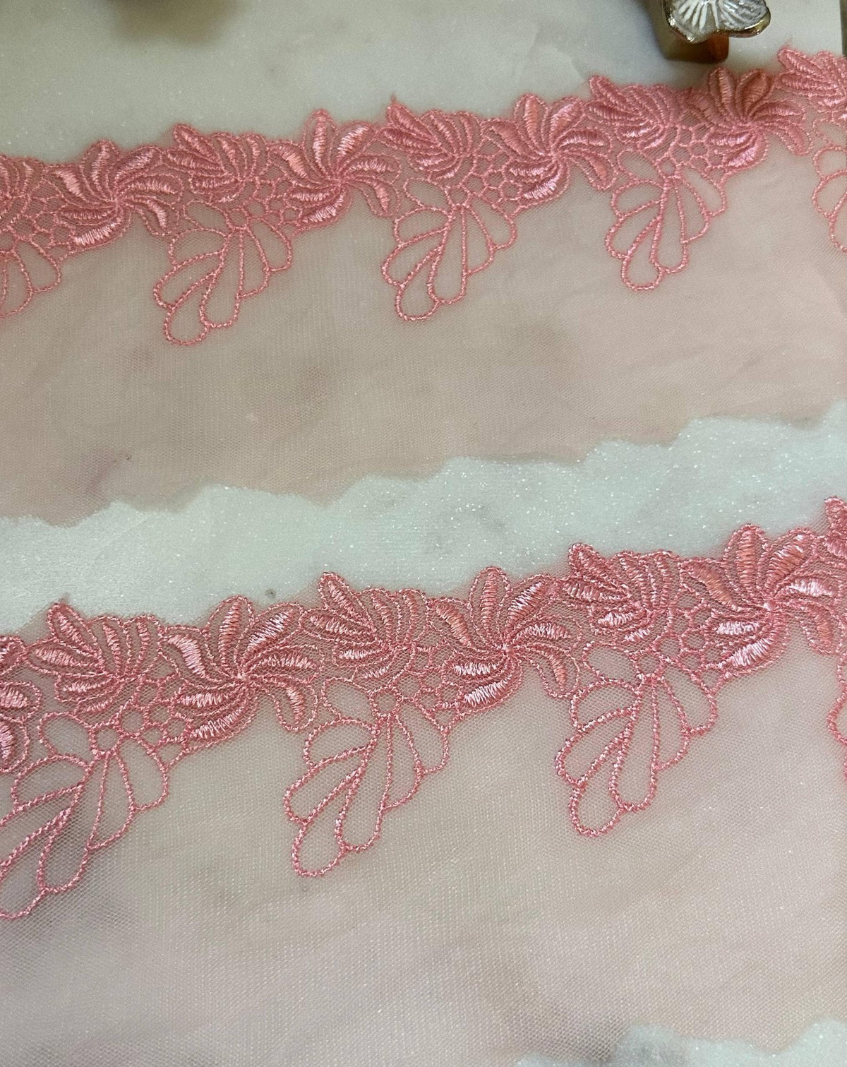 Soft Peach Pink Floral Embroidered Mesh Lace Trim, 2" Floral 3.5" Total Wide Sheer Scalloped Ribbon, Retail Wholesale Bulk