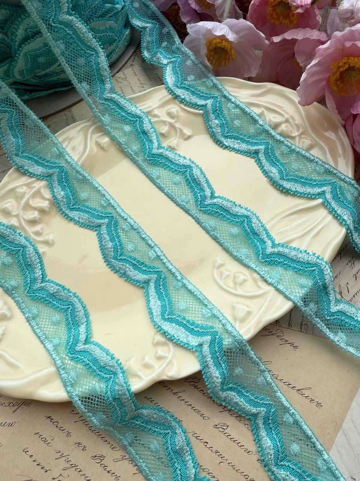 10yds Mint Aqua Turquoise Swiss Dot Elastic Stretch Lace Trim Symmetrical Double Scalloped Narrow Ribbon for  Crafts Sewing, 1.1"  Wholesale