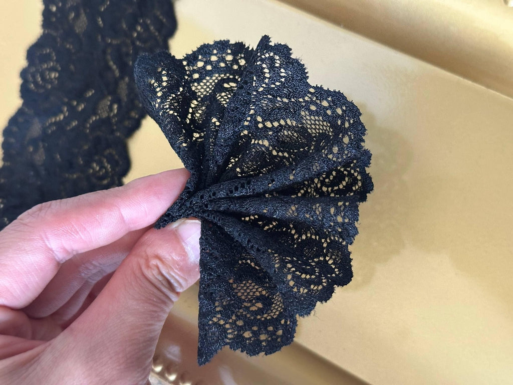 3yard,2.3" Black Stretch Lace Trim by the Yard, Soft Floral Elastic Double Scalloped Lace for Gothic Lolita, Lingerie, Choker, Doll Clothes