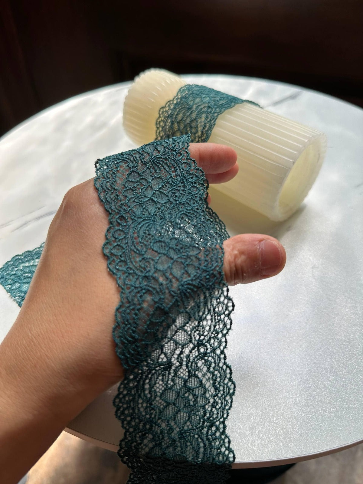 10yds Deep Forest Teal Green Floral Stretch Elastic Lace Trim Symmetrical Double Scalloped  Ribbon for Lingerie Crafts Sewing 1.85"