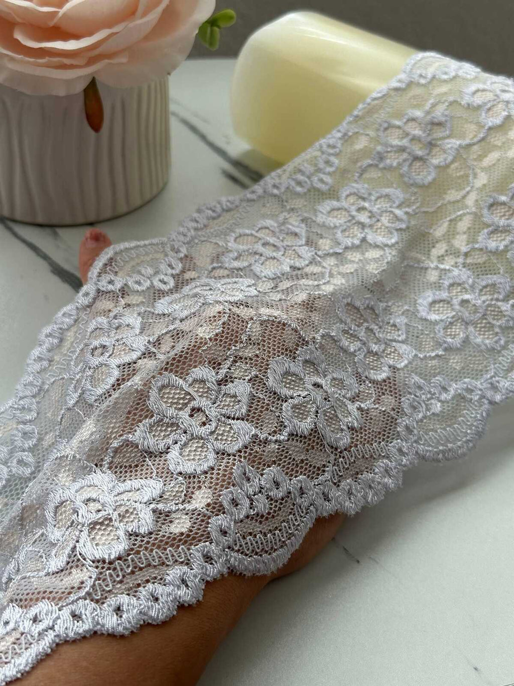 1Yd Stretch 5.5" Muted Lavender Floral Embossed Stretch Lace Trim Wholesale