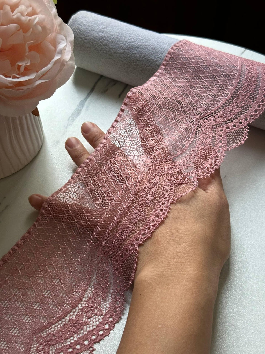 Dusty Rose Mesh Lace Trim, 4" Chevron Stretch, Bulk Clearance Coquette Y2K Lace, Lingerie Lace, DIY Sewing, Retail Wholesale