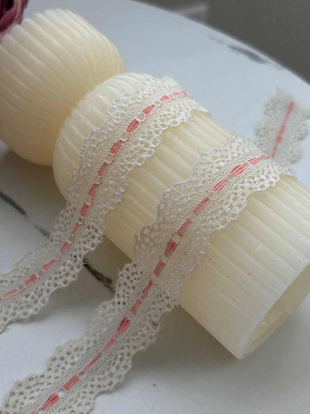 10Yds Stretch 1" Off-White Pink Faux Beading Ribbon Stretch Lace Wholesale