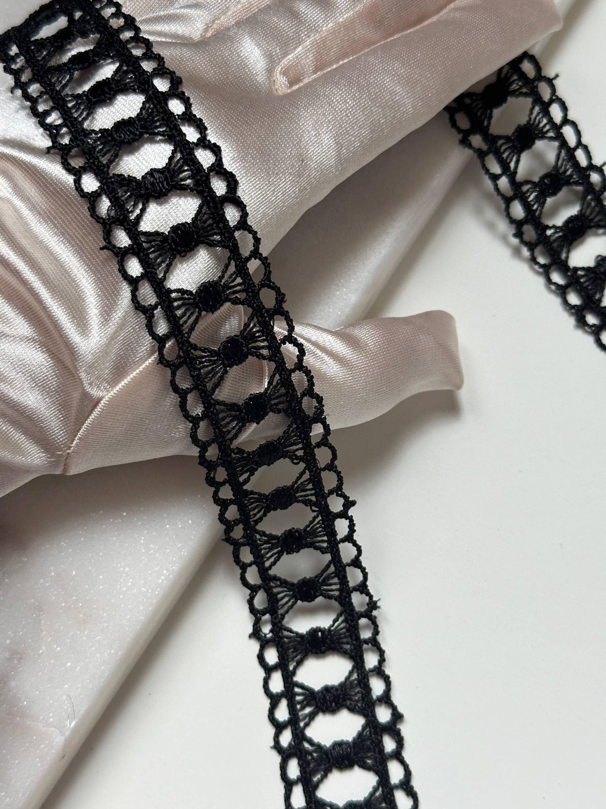 Black Bowknot Guipure Lace Trim by Yard, Water Soluble Ribbon, Soft Skin Friendly Coquette Craft Supply, 1", Retail Wholesale Bulk