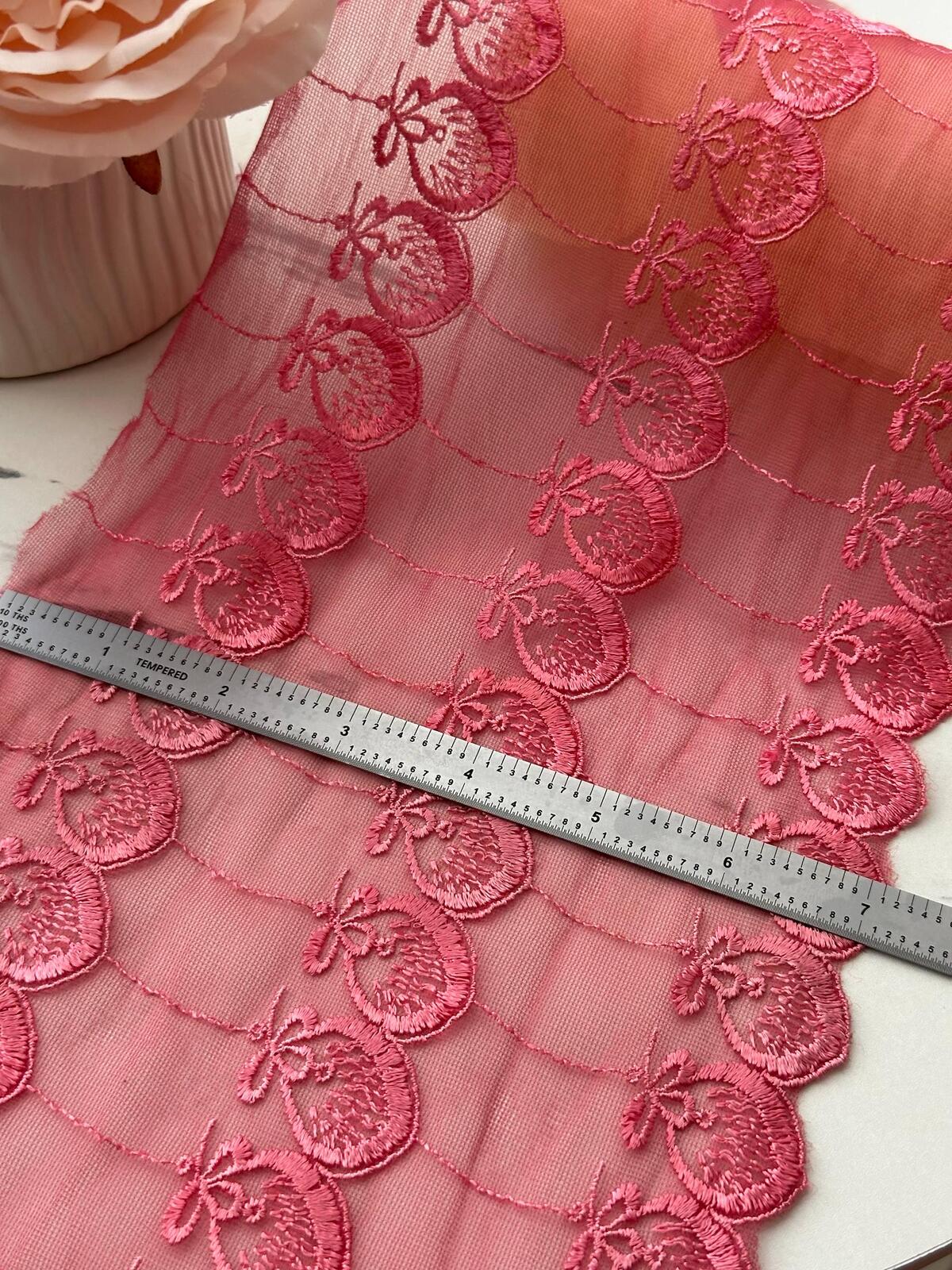 1Yd Non-Stretch 7" Pink Strawberry Tulle Mesh Embroidered Lace Trim Wholesale