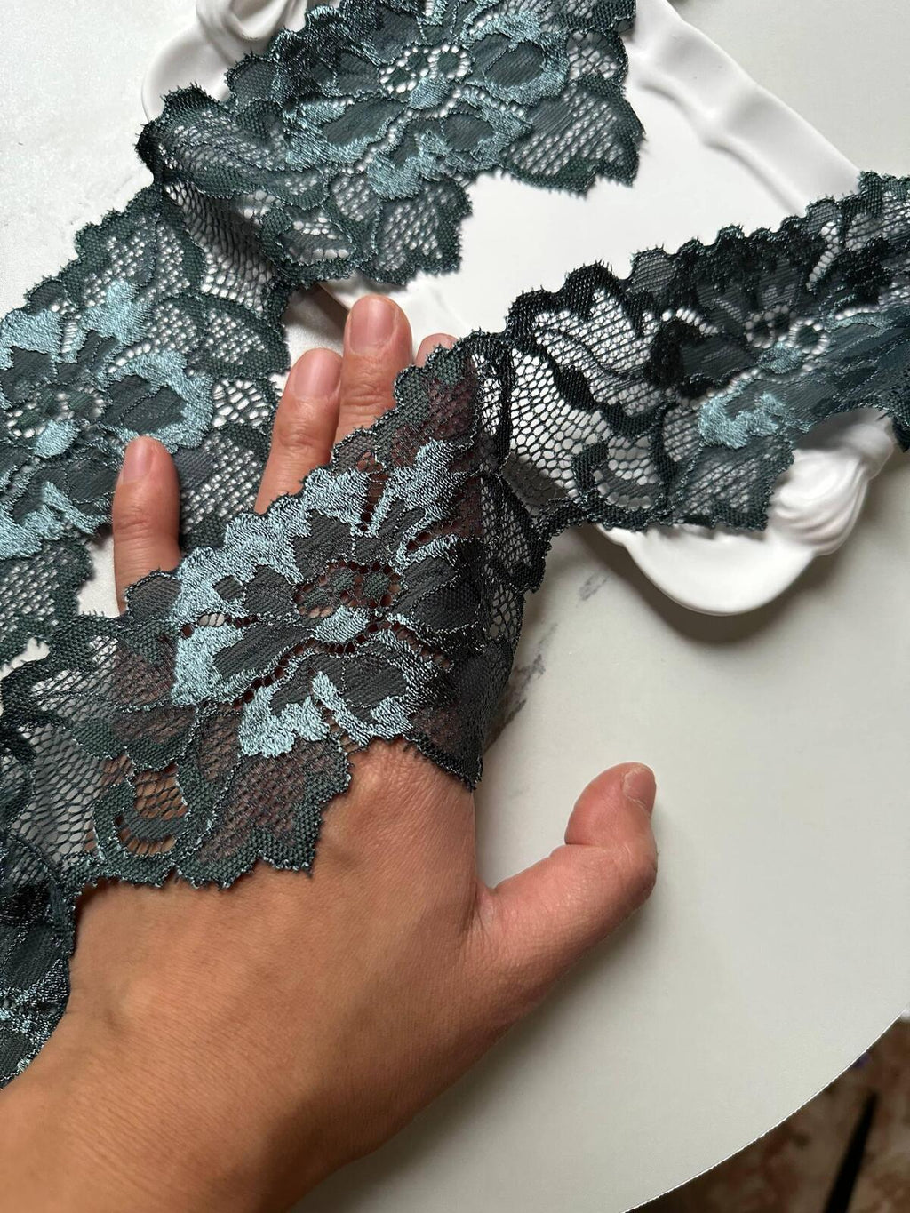 10yds Deep Forest Green Floral Stretch Elastic Lace Trim Symmetrical Double Scalloped Wide Galloon Ribbon for Lingerie  Crafts Sewing, 3"