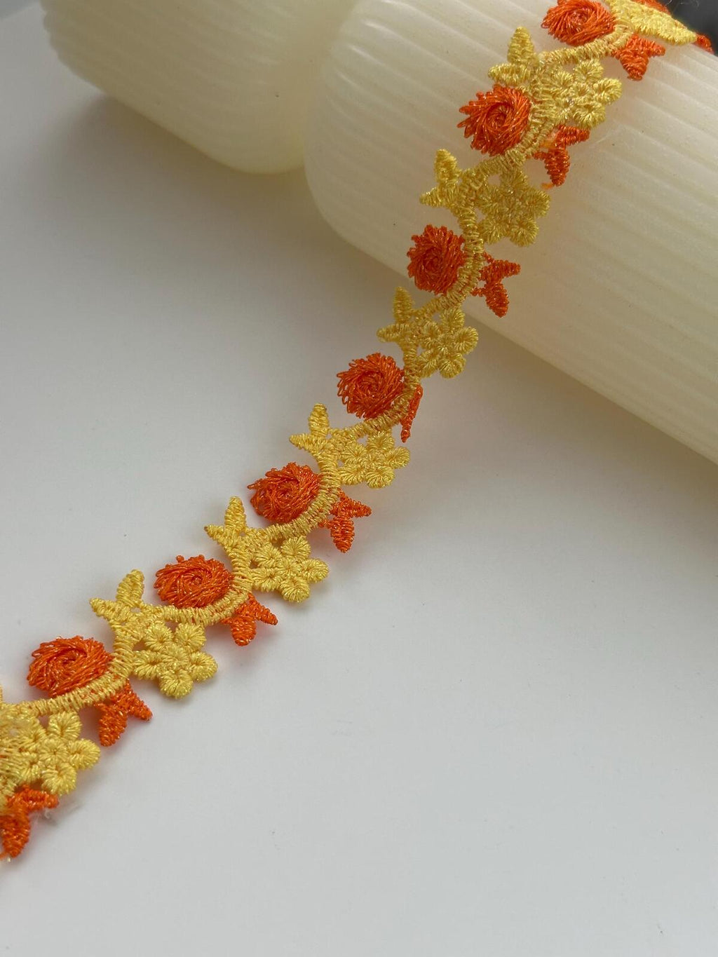 3Yds Non-Stretch 0.8" Yellow Orange 3D Rose Flower Embroidered Lace Wholesale