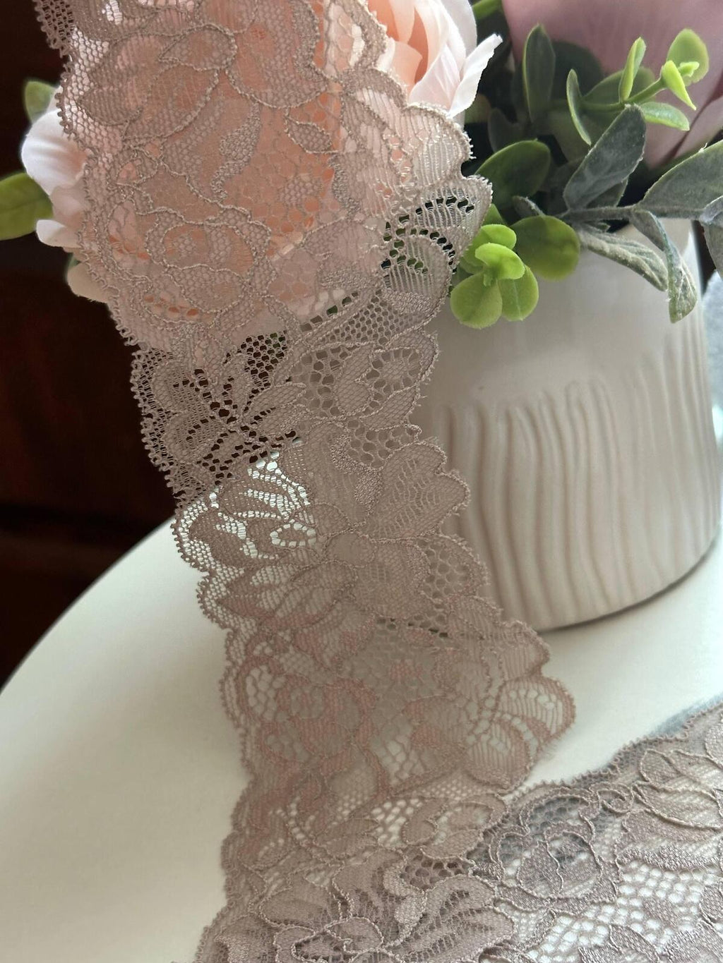 10yds Soft Oatmeal Beige Floral Wavy Stretch Lace Trim by the Yard, Scalloped Elastic Ribbon for Coquette Crafts, 2.8"Retail Wholesale Bulk
