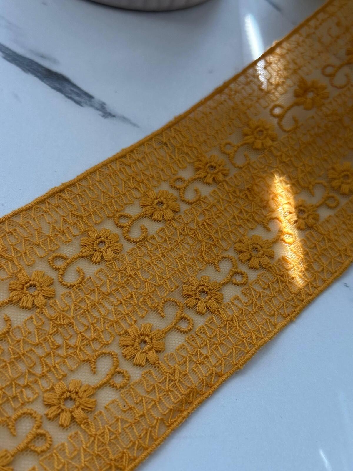 1Yd Non-Stretch 2.9" Mustard Yellow Floral Embroidered Cotton Lace Trim