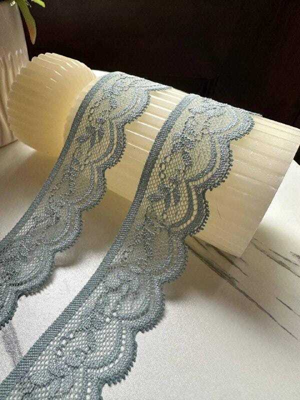 10yds Dusty Sage Mint Blue Foliage  Stretch Elastic Lace Trim Single Scalloped Narrow Ribbon for Lingerie Underwear Crafts Sewing, 1.25"