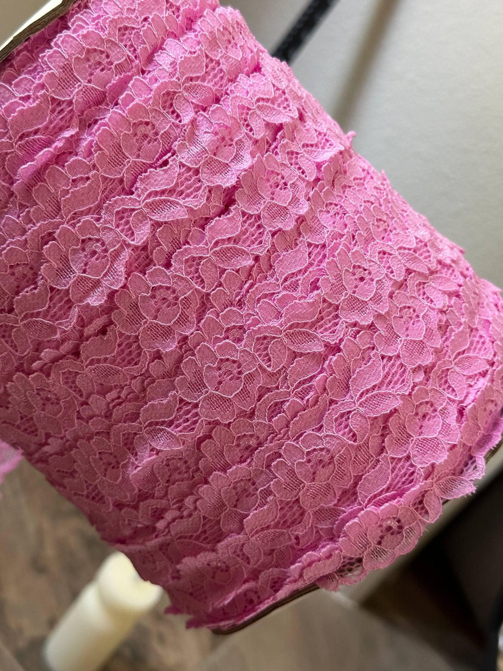 Bright Candy Pink Floral Stretch Elastic Lace Trim Symmetrical Double Scalloped Galloon Ribbon for Lingerie Underwear Crafts Sewing, 1"