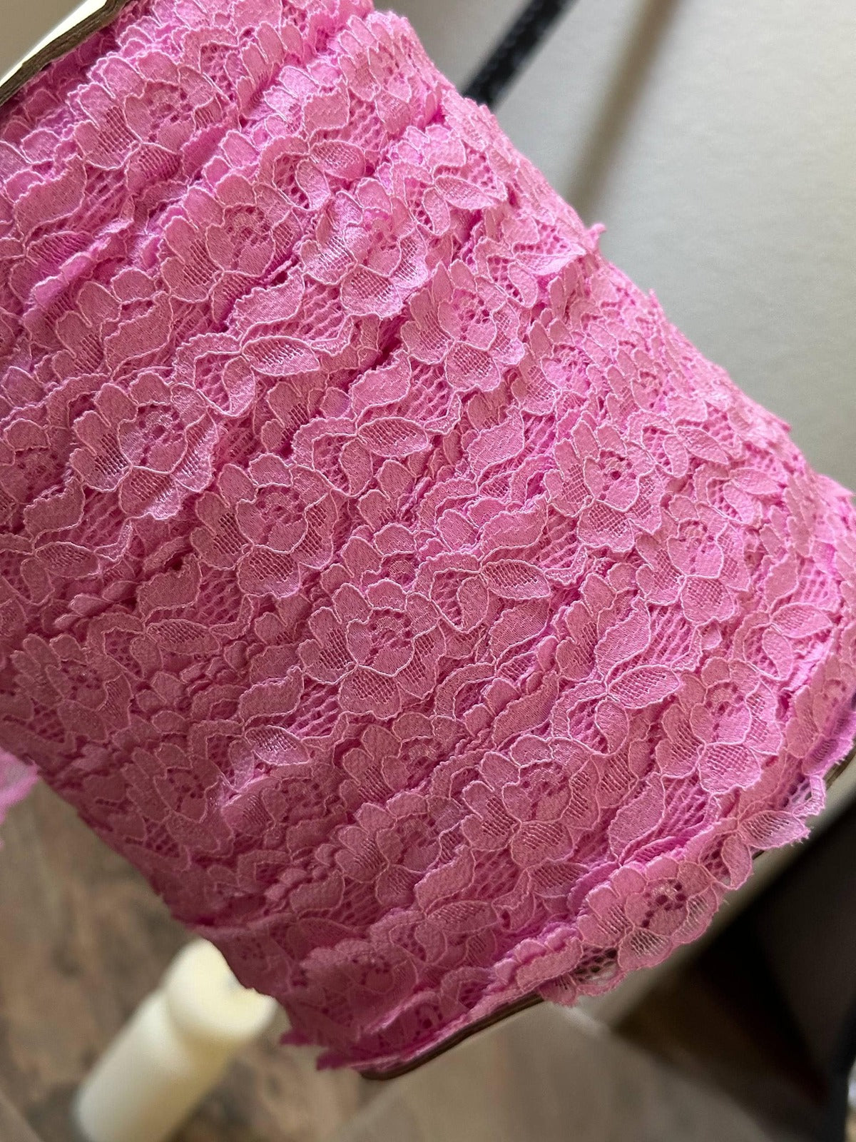 Bright Candy Pink Floral Stretch Elastic Lace Trim Symmetrical Double Scalloped Galloon Ribbon for Lingerie Underwear Crafts Sewing, 1"