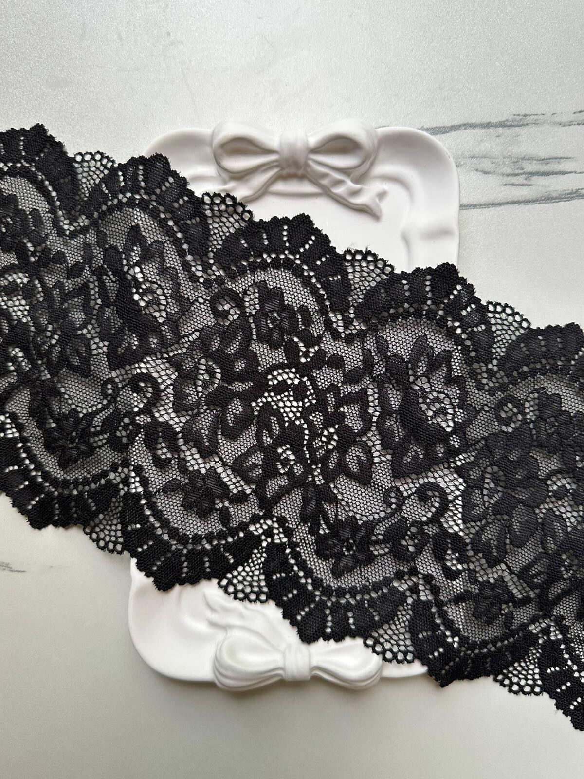 Classic Onyx Black Cordonnet Corded Slight Stretch Lace Trim Symmetrical Double Scalloped Extra Wide Galloon  for Corsets Gowns Crafts, 5.5"