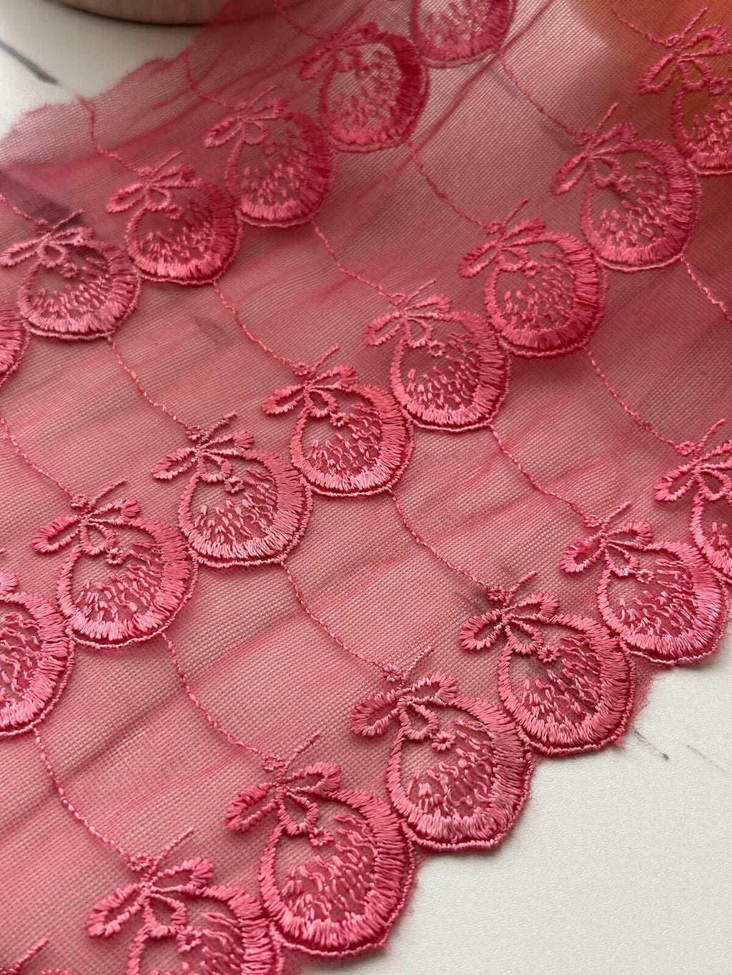 1Yd Non-Stretch 7" Pink Strawberry Tulle Mesh Embroidered Lace Trim Wholesale