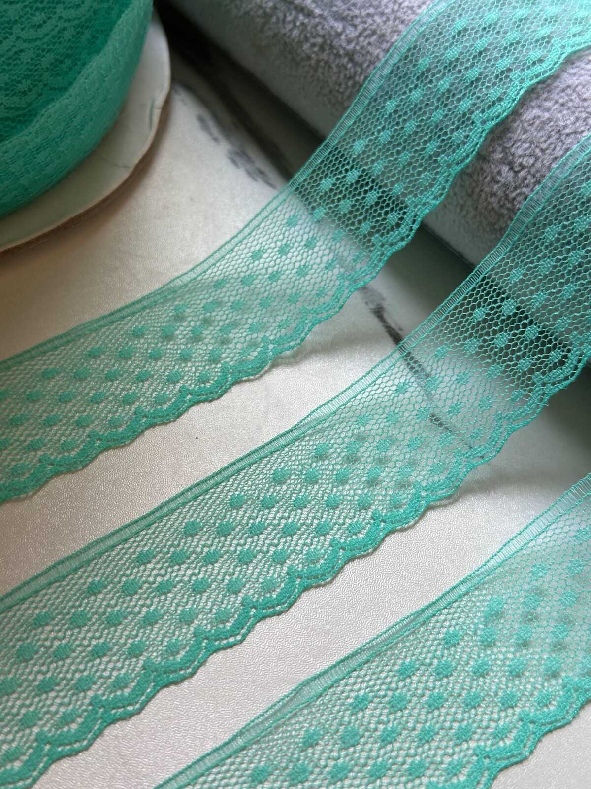 10yds Mint Green Polka Dot Mesh Lace Trim by the Yard, Narrow Sheer Point d'Esprit Scalloped Ribbon for Lingerie Crafts, 1.1"
