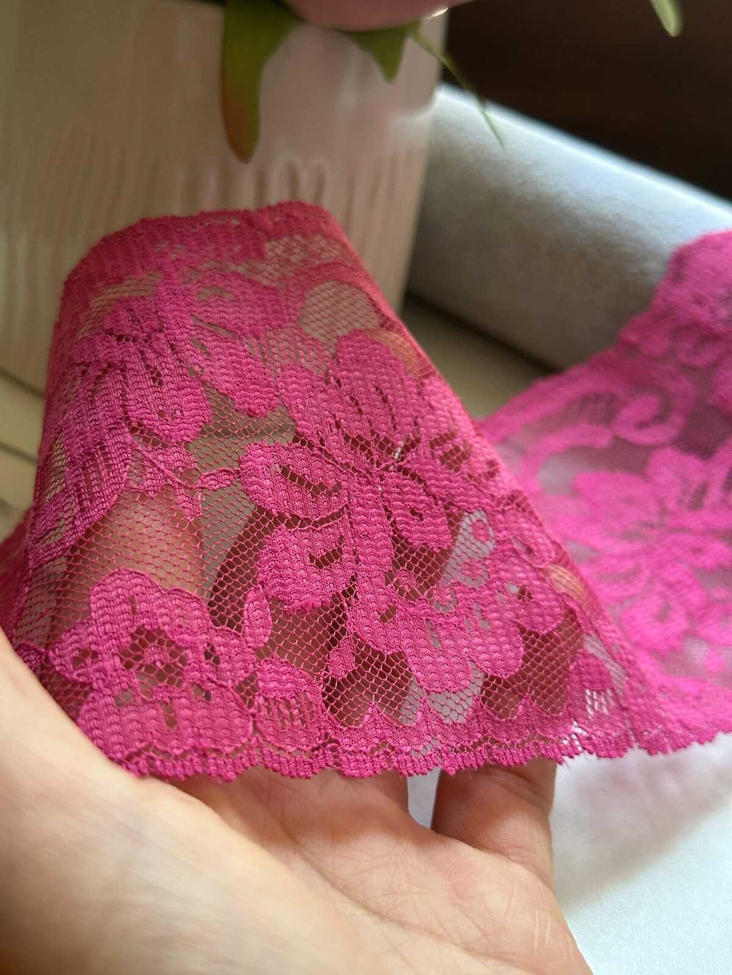 Magenta Fuchsia Pink Floral Non Stretch Lace Trim by the Yard, Wide Scalloped Galloon Ribbon for Bridal Apparel Crafts, 3.9"