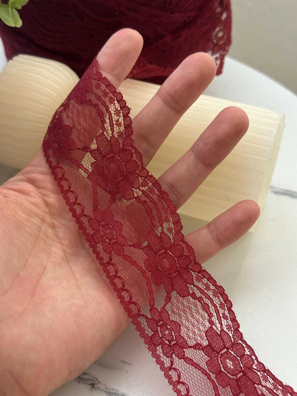 10Yds Non-Stretch 1.6" Burgundy Wine Red Floral Mesh Lace Trim Wholesale
