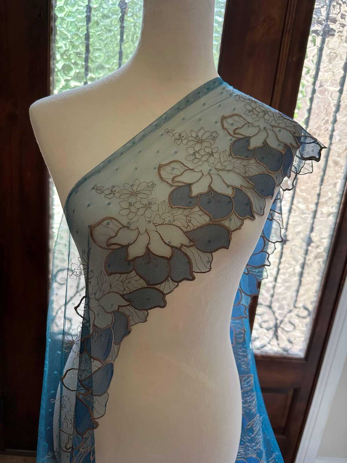 7.65" Peacock Blue Gold Lace Trim Wide Embroidered Floral Swiss Dot Mesh Single Scalloped Edge Lace for Lingerie Garment Sewing Crafts