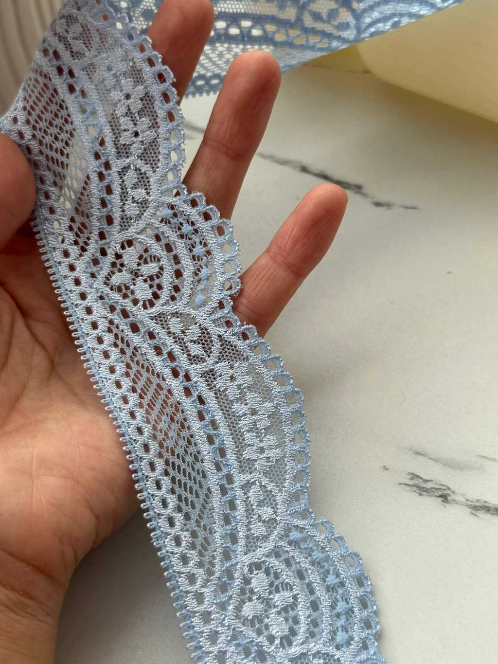 10Yds Stretch 1.9" Light Dusty Blue Floral Scalloped Stretch Lace Wholesale