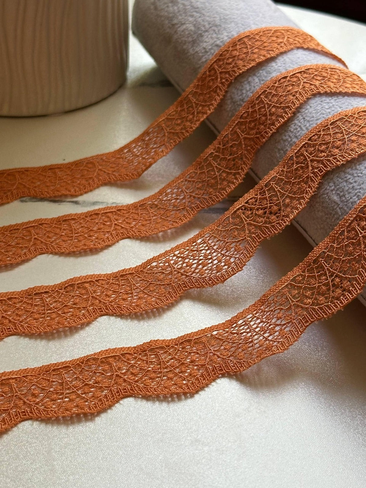 10yds Pumpkin Spice Polka Dot Floral Stretch Lace Trim by the Yard, Single Scalloped Narrow Elastic Ribbon for Lingerie Bridal Crafts, 1"